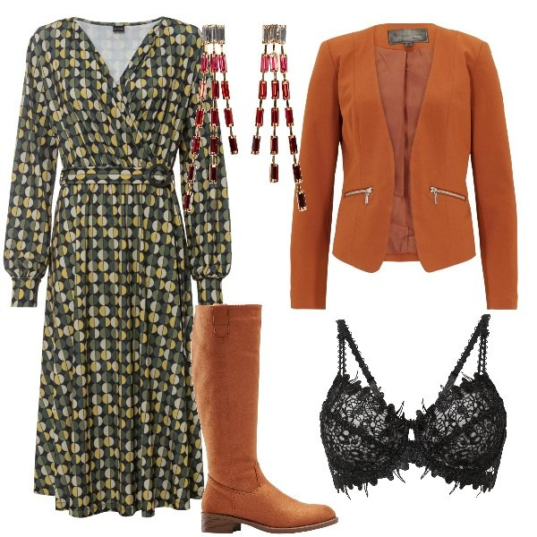 Outfit donna - Total look #1807887. Stile Casual per Serata fuori. Abbinamento con stivali, orecchini, vestiti, blazer, reggiseni.