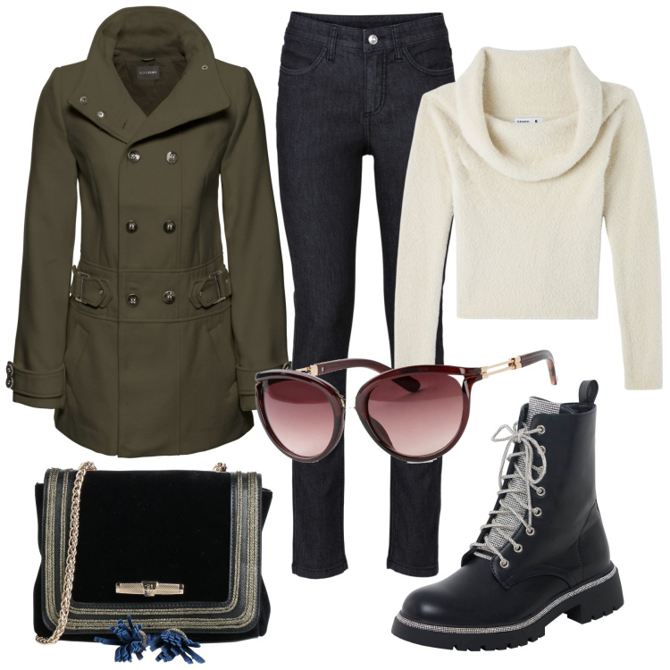 Outfit donna - Un caffè con l\'amica. Stile Casual chic per Tutti i giorni. Abbinamento con jeans skinny, occhiali da sole, cappotti, borse a tracolla, maglieria, anfibi.