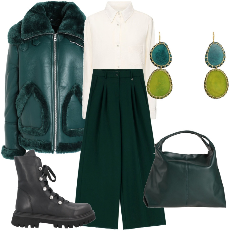 Outfit donna - Un giorno con la maxinbag. Stile Chic per Ufficio. Abbinamento con cappotti, borse a mano, anfibi, orecchini, pantaloni a palazzo, camicie.