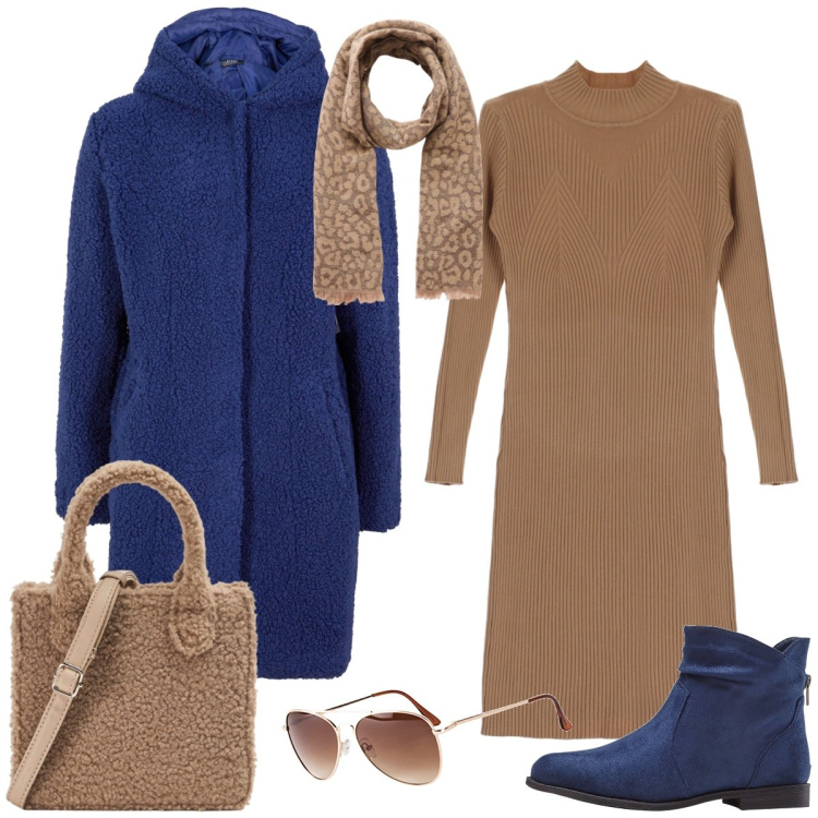 Outfit donna - Dinamica in città. Stile Casual per Tutti i giorni. Abbinamento con stivaletti, occhiali da sole, blazer, sciarpe, shopping bag, vestiti corti.