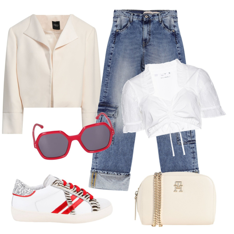 Outfit donna - In città. Stile Casual chic per Tutti i giorni. Abbinamento con borse a tracolla, blazer, camicie, jeans dritti, sneakers, occhiali da sole.