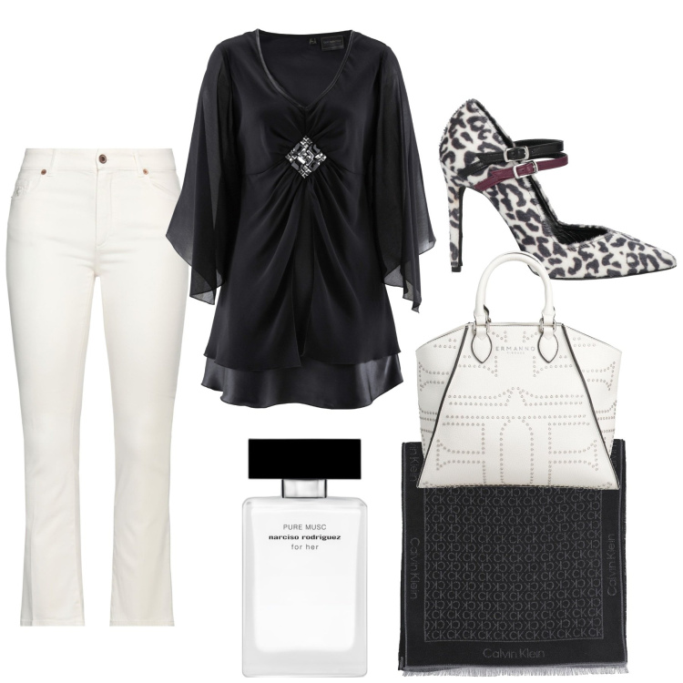 Outfit donna - Serata black and white. Stile Glamour per Serata fuori. Abbinamento con tuniche, décolleté, borse a mano, pantaloni, sciarpe, profumi.