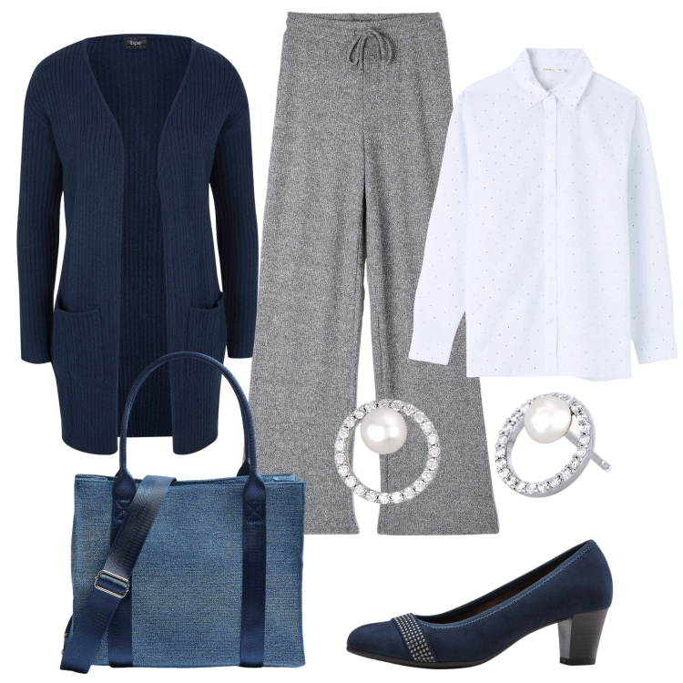 Outfit donna - Al lavoro. Stile Bon Ton per Ufficio. Abbinamento con cardigans, décolleté, pantaloni, shopping bag, camicie, orecchini.