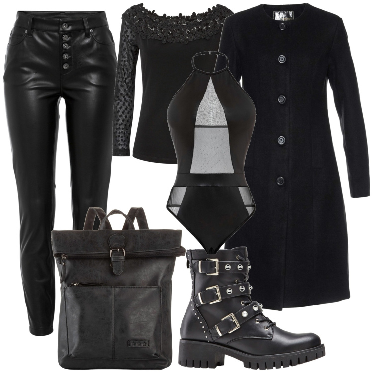 Outfit donna - Dark Valentine/Bonprix. Stile Rock per Serata fuori. Abbinamento con zaini, pantaloni, cappotti, maglieria, body, stivaletti.