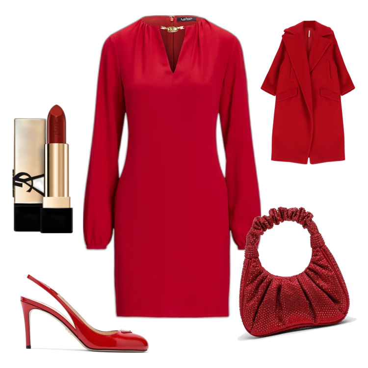 Outfit donna - Red passion. Stile Bon Ton per Serata fuori. Abbinamento con rossetti, cappotti, vestiti, borse a mano, décolleté.