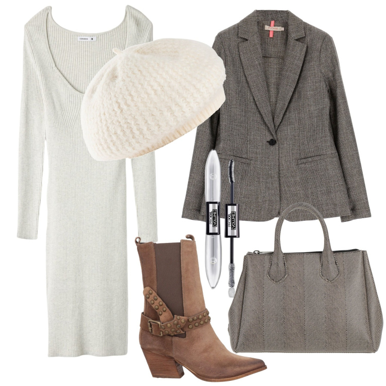Outfit donna - Abito bianco in maglia. Stile Chic per Ufficio. Abbinamento con cappelli e berretti, borse a mano, stivaletti texani, mascara, vestiti lunghi, cappotti.