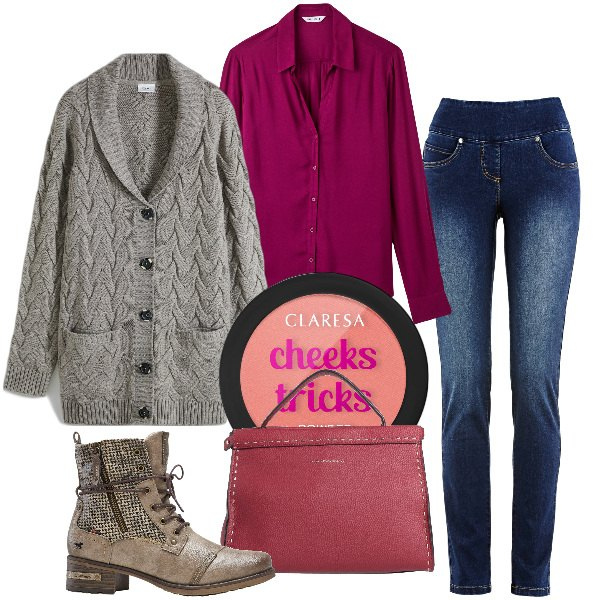 Outfit donna - inverno in cardigan. Stile Casual per Tutti i giorni. Abbinamento con cardigans, jeans slim fit, stivaletti, borse a mano, blush, camicie.
