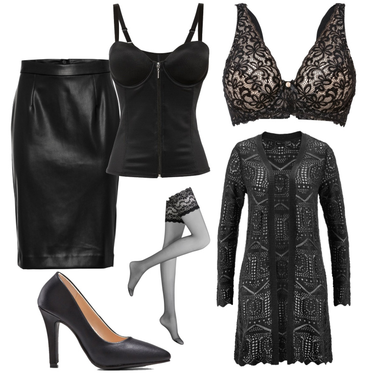 Outfit donna - Osare con classe. Stile Sexy per Serata fuori. Abbinamento con reggiseni, collant, cardigans, body, gonne longuette, décolleté.