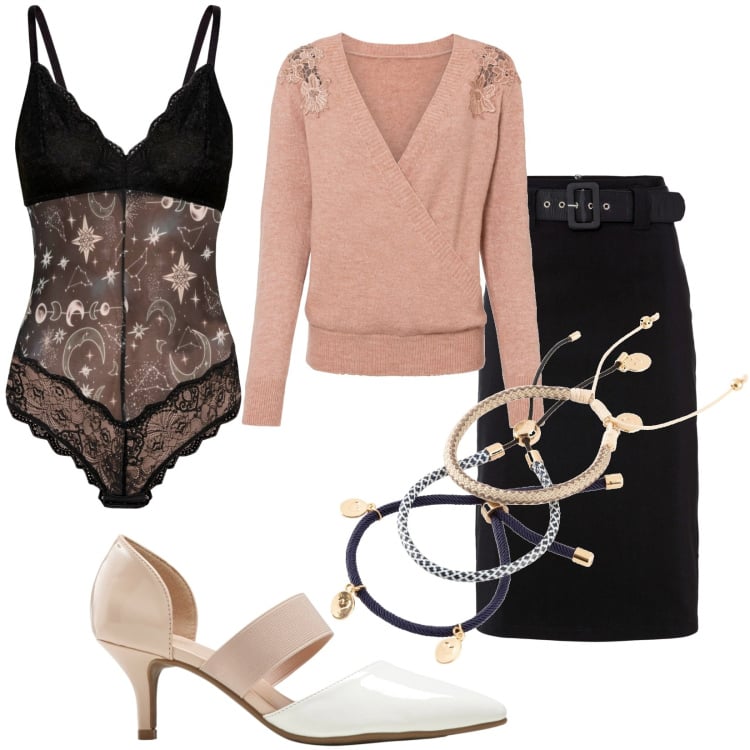 Outfit donna - Gentilezza. Stile Chic per Serata fuori. Abbinamento con maglieria, décolleté, body, gonne longuette, braccialetti.