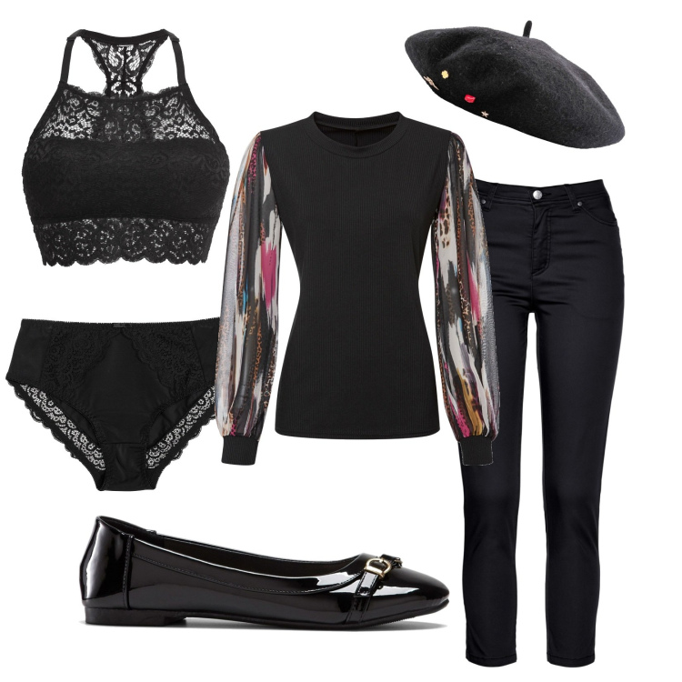Outfit donna - Basco di Montmartre. Stile Romantica per Serata fuori. Abbinamento con pantaloni, reggiseni, cappelli e berretti, maglieria, ballerine, slip.