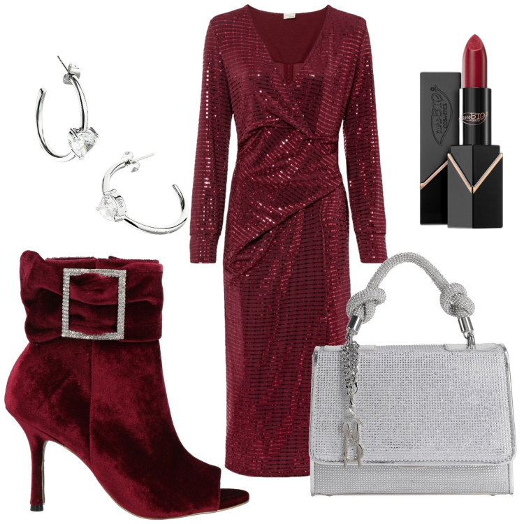 Outfit donna - Cherry. Stile Chic per Serata fuori. Abbinamento con vestiti, stivaletti, borse a mano, orecchini, rossetti.
