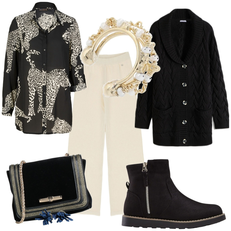 Outfit donna - Jungle & Roses. Stile Casual chic per Tutti i giorni. Abbinamento con stivaletti, cardigans, camicie, borse a tracolla, pantaloni a palazzo, orecchini.