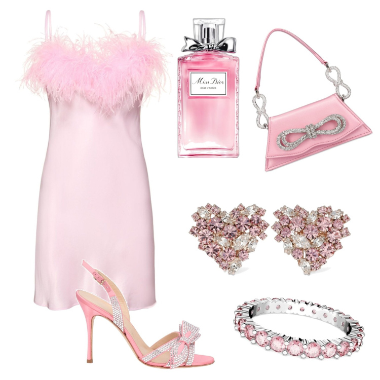 Outfit donna - Rosa profondamente rosa. Stile Chic per Serata fuori. Abbinamento con anelli, sandali in pelle, profumi, vestiti, orecchini, borse a mano.