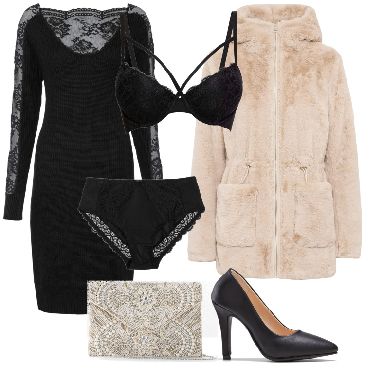 Outfit donna - Lingerie Sexy. Stile Sexy per Serata fuori. Abbinamento con ecopellicce, pochette, vestiti, slip, décolleté, reggiseni.