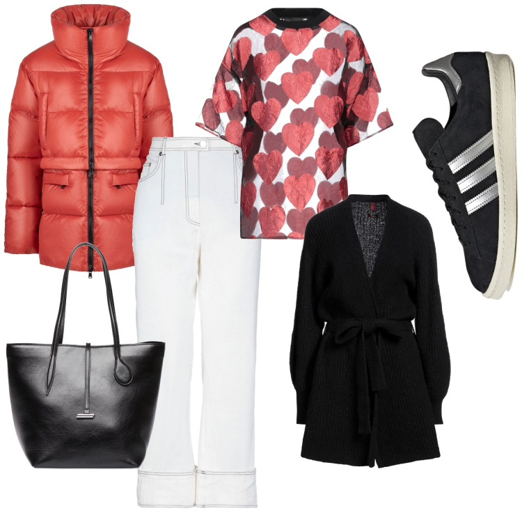 Outfit donna - Doppio cuore. Stile Casual chic per Ufficio. Abbinamento con cardigans, top, pantaloni, piumini, sneakers, shopping bag.