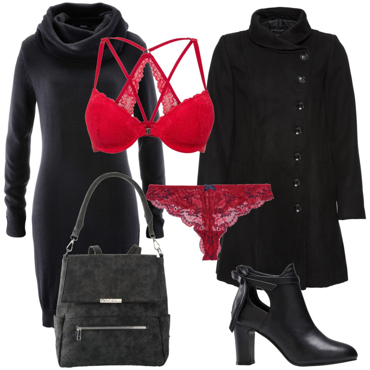 Outfit donna - Lingerie Rossa a San Valentino. Stile Sexy per Serata fuori. Abbinamento con stivaletti, cappotti, vestiti, reggiseni, perizomi, zaini.