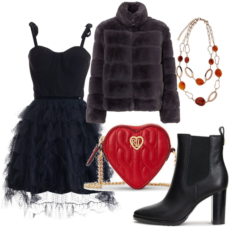Outfit donna - San Valentino sera. Stile Romantica per Serata fuori. Abbinamento con ecopellicce, vestiti corti, stivaletti chelsea, pochette, ciondoli.