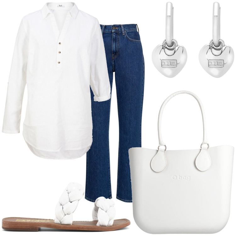 Outfit donna - In giro per la città. Stile Casual chic per Tutti i giorni. Abbinamento con tuniche, borse a mano, orecchini, ciabatte, jeans dritti.