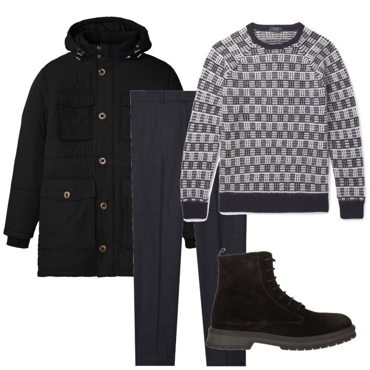 Outfit uomo - Bene al caldo. Stile Urban per Tutti i giorni. Abbinamento con parka, pullovers, pantaloni, stivali e stivaletti.