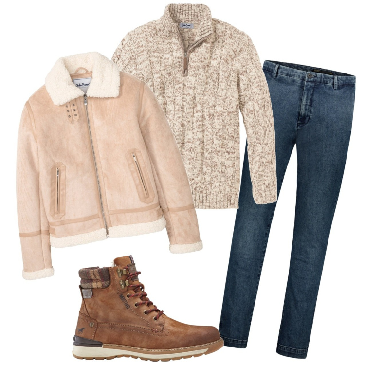 Outfit uomo - Il montone chiaro. Stile Casual per Tutti i giorni. Abbinamento con maglieria, bomber, stivali e stivaletti, jeans.