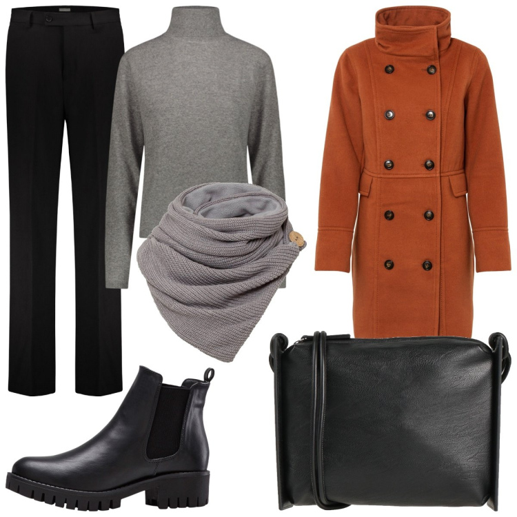 Outfit donna - Grigio maschile. Stile Mannish per Tutti i giorni. Abbinamento con stivaletti chelsea, foulard, cappotti, borse a tracolla, maglieria, pantaloni.