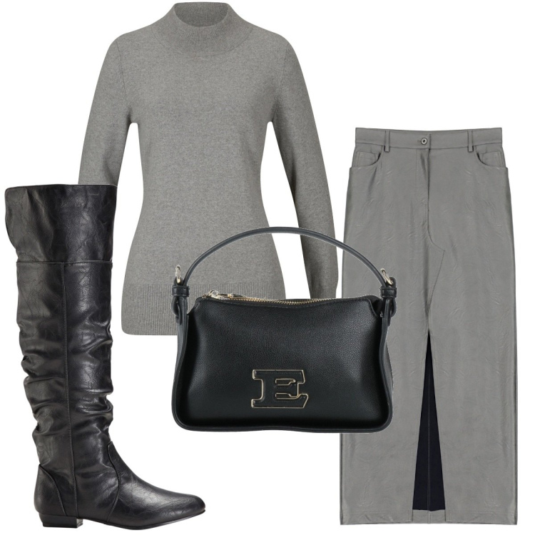 Outfit donna - Total look #1808097. Stile Minimal per Tutti i giorni. Abbinamento con stivali sopra il ginocchio, maglieria, borse a mano, gonne lunghe.