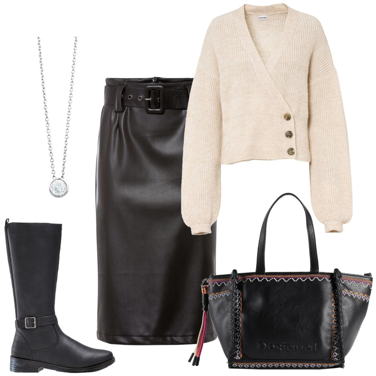 Outfit donna - Total look #1808104. Stile Casual chic per Tutti i giorni. Abbinamento con stivali, gonne longuette, maglieria, borse a mano, collane.