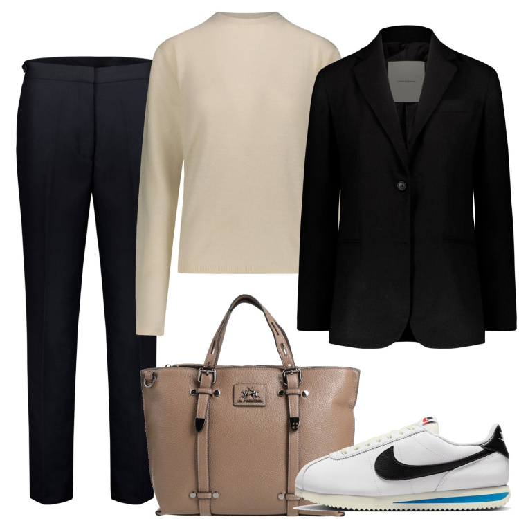 Outfit donna - In ufficio con le sneakers. Stile Casual per Ufficio. Abbinamento con borse a mano, pantaloni, pullovers, sneakers, blazer.