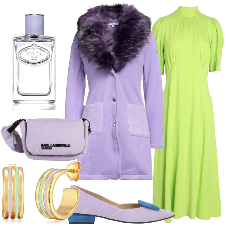 Outfit donna - Profumo Prada. Stile Chic per Tutti i giorni. Abbinamento con cappotti, ballerine, orecchini, vestiti midi/longuette, borse a tracolla, profumi.