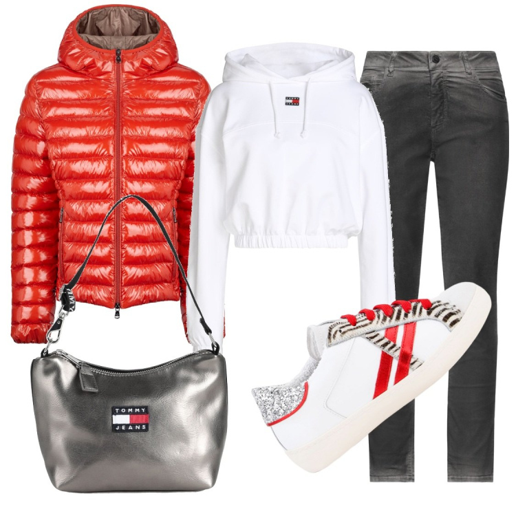 Outfit donna - La borsa argentata. Stile Sporty chic per Tutti i giorni. Abbinamento con borse a mano, felpe con cappuccio, pantaloni, sneakers, blazer.
