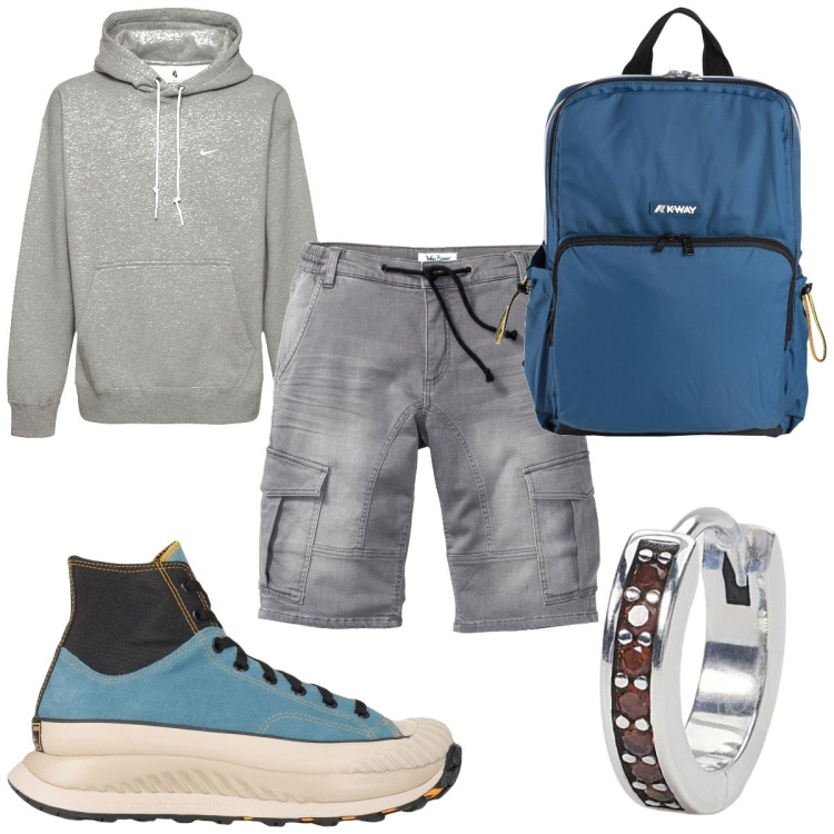 Outfit uomo - Total look #1808147. Stile Urban per Tutti i giorni. Abbinamento con bermuda, sneakers alte, borse sportive, orecchini, felpe con cappuccio.