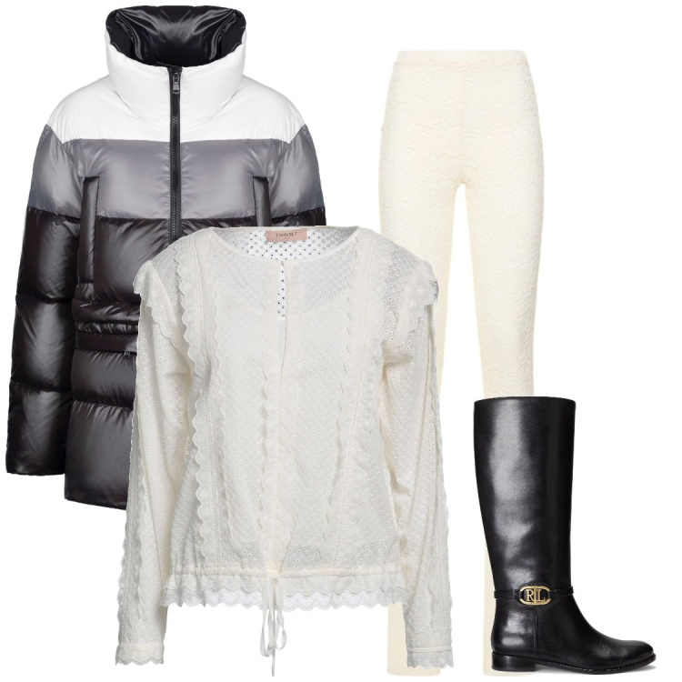 Outfit donna - Total look #1808158. Abbinamento con stivali, top, piumini, pantaloni.
