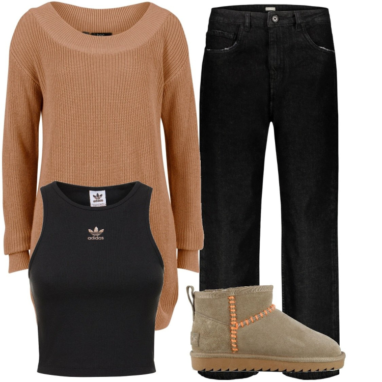 Outfit donna - Porto i bambini a scuola. Stile Casual per Scuola/Università. Abbinamento con maglieria, jeans, stivali sopra il ginocchio, canottiere.