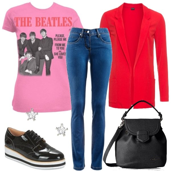 Outfit donna - Rosa e rosso. Stile Trendy per Ufficio. Abbinamento con jeans dritti, blazer taglio dritto collo aperto con tasche rosso, scarpe nero, t-shirt rosa, borsa a mano nero, orecchini a bottone farfalla argento.
