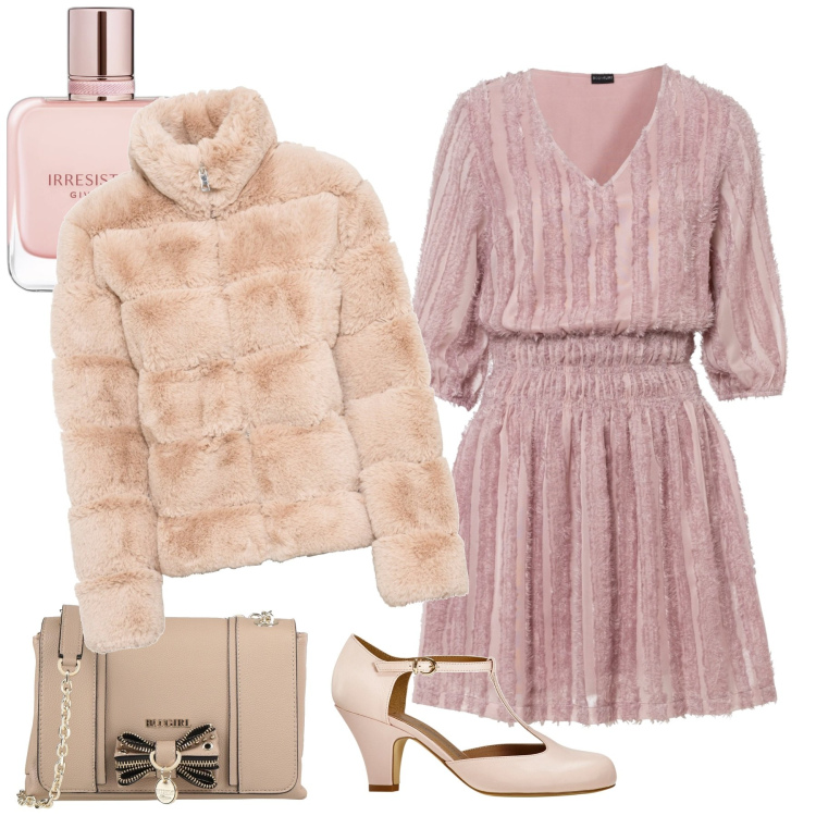 Outfit donna - Festaiola. Stile Chic per Serata fuori. Abbinamento con ecopellicce, vestiti, décolleté, borse a tracolla, profumi.