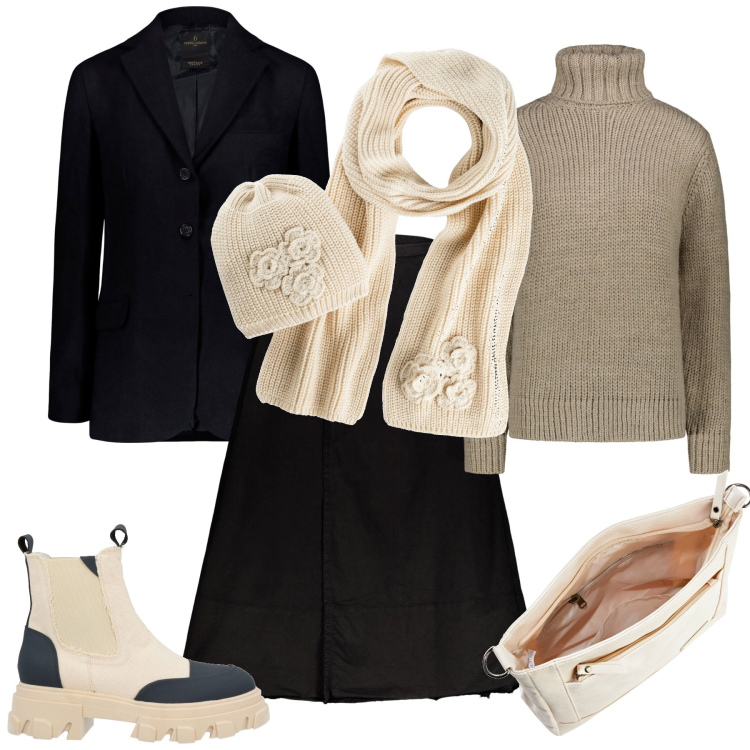 Outfit donna - Febbraio. Stile Casual per Tutti i giorni. Abbinamento con borse a tracolla, sciarpe, stivaletti, gonne lunghe, maglieria, blazer.