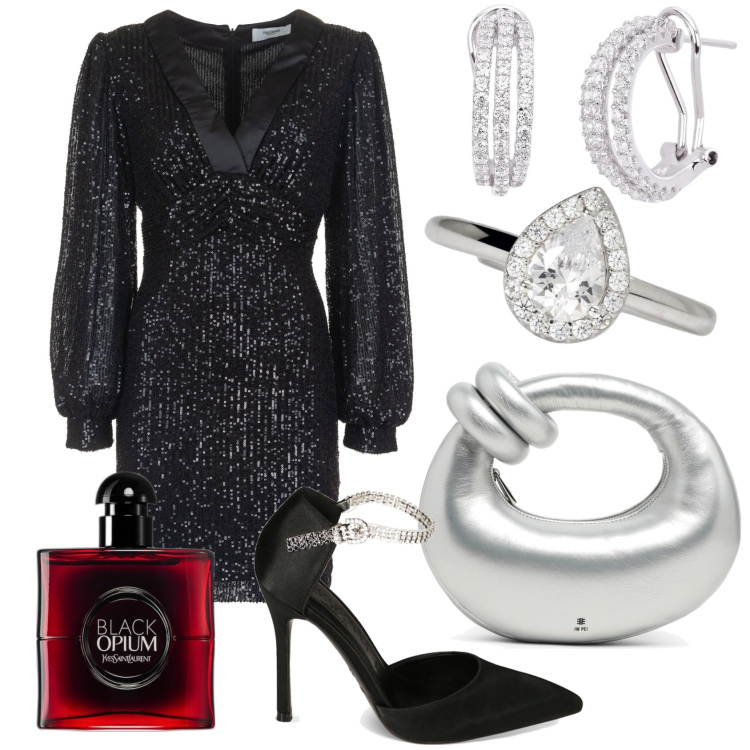Outfit donna - Valentina. Stile Glamour per Serata fuori. Abbinamento con profumi, orecchini, anelli, vestiti, décolleté, borse a mano.