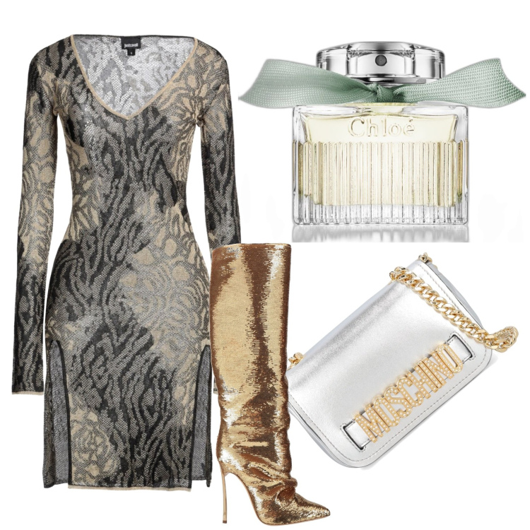 Outfit donna - Scintille. Stile Chic per Serata fuori. Abbinamento con stivali, vestiti corti, profumi, borse a spalla.