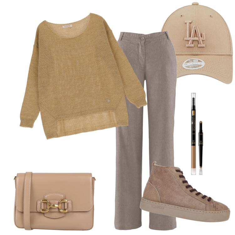 Outfit donna - Passeggiata. Stile Casual per Tutti i giorni. Abbinamento con pantaloni, sneakers alte, borse a tracolla, eyeliner, maglieria, cappelli.