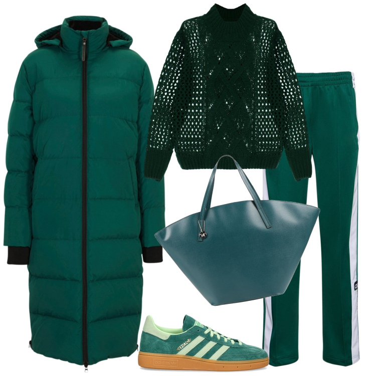 Outfit donna - Outfit stra comodo in verde. Stile Casual per Tutti i giorni. Abbinamento con piumini, borse a mano, maglieria, sneakers, pantaloni.