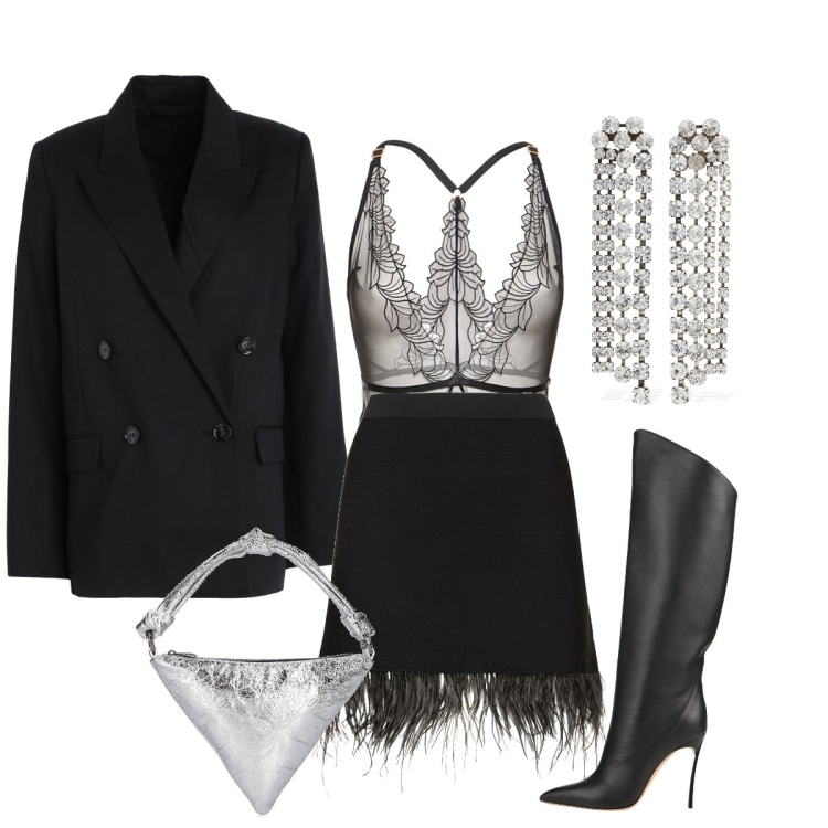 Outfit donna - Glam party. Stile Sexy per Serata fuori. Abbinamento con blazer, stivali sopra il ginocchio, minigonne, body, orecchini, borse a mano.