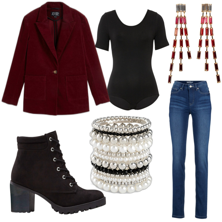 Outfit donna - Total look #1808200. Stile Casual per Serata fuori. Abbinamento con body, jeans slim fit, braccialetti, stivaletti, orecchini, blazer.