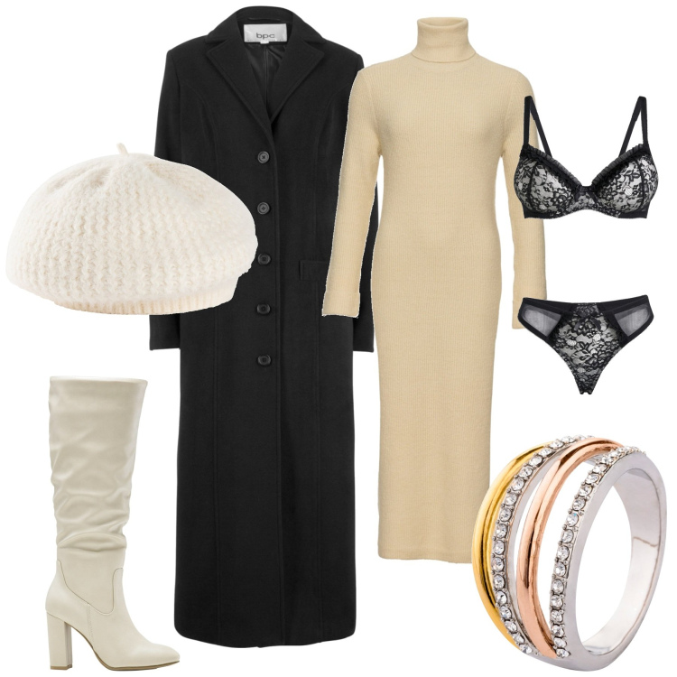 Outfit donna - Total look #1808207. Stile Urban per Serata fuori. look ideale per Tall. Abbinamento con cappotti, reggiseni, anelli, vestiti, cappelli e berretti, stivali sopra il ginocchio.