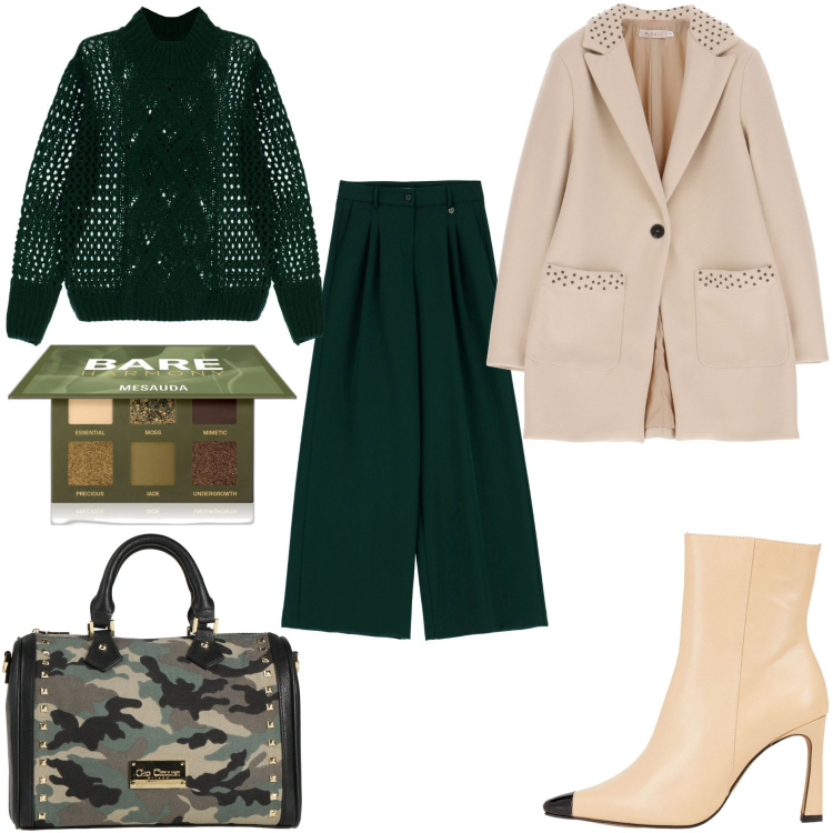 Outfit donna - Forest night. Stile Trendy per Tutti i giorni. Abbinamento con borse a mano, stivaletti, ombretti, pantaloni a palazzo, maglieria, cappotti.