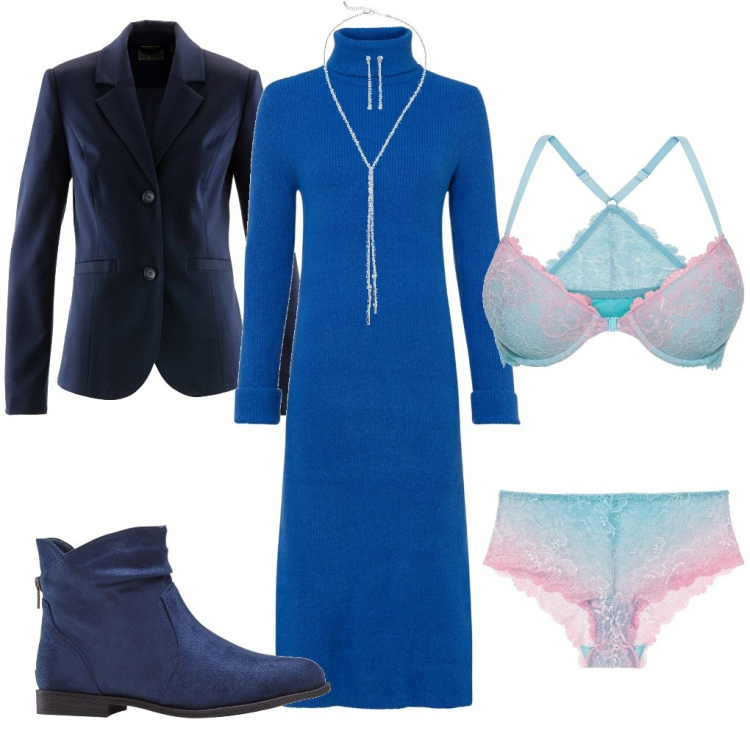 Outfit donna - Serata in blu. Stile Casual chic per Serata fuori. Abbinamento con stivaletti, vestiti, blazer, reggiseni, culotte, collane.