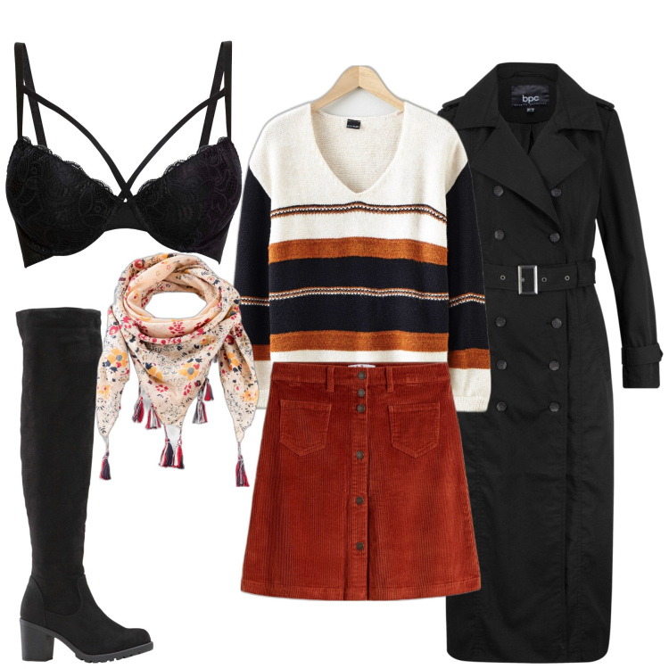 Outfit donna - Total look #1808212. Stile Trendy per Serata fuori. Abbinamento con gonne, trench, maglieria, reggiseni, stivali sopra il ginocchio, foulard.