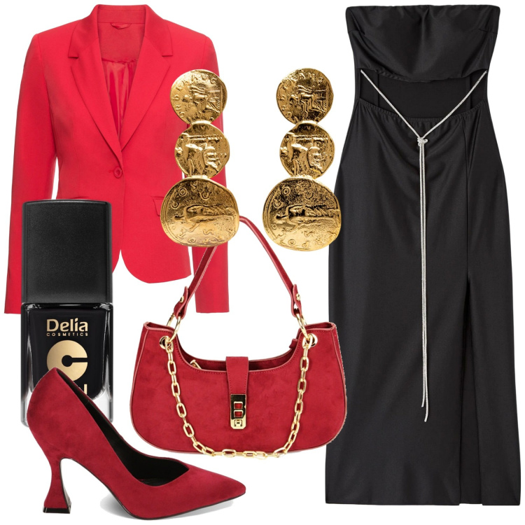 Outfit donna - Be My Valentine. Stile Glamour per Serata fuori. Abbinamento con blazer, smalti, vestiti lunghi, décolleté, borse a spalla, orecchini.