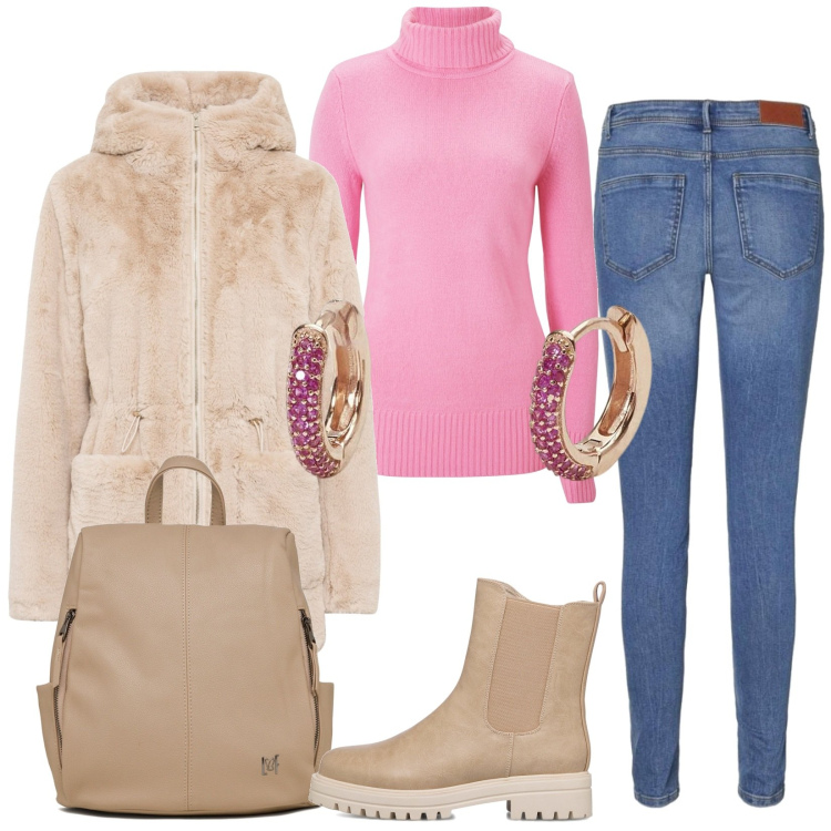 Outfit donna - Be My Valentine. Stile Casual per Tutti i giorni. Abbinamento con ecopellicce, maglieria, orecchini, stivaletti, zaini, jeans skinny.