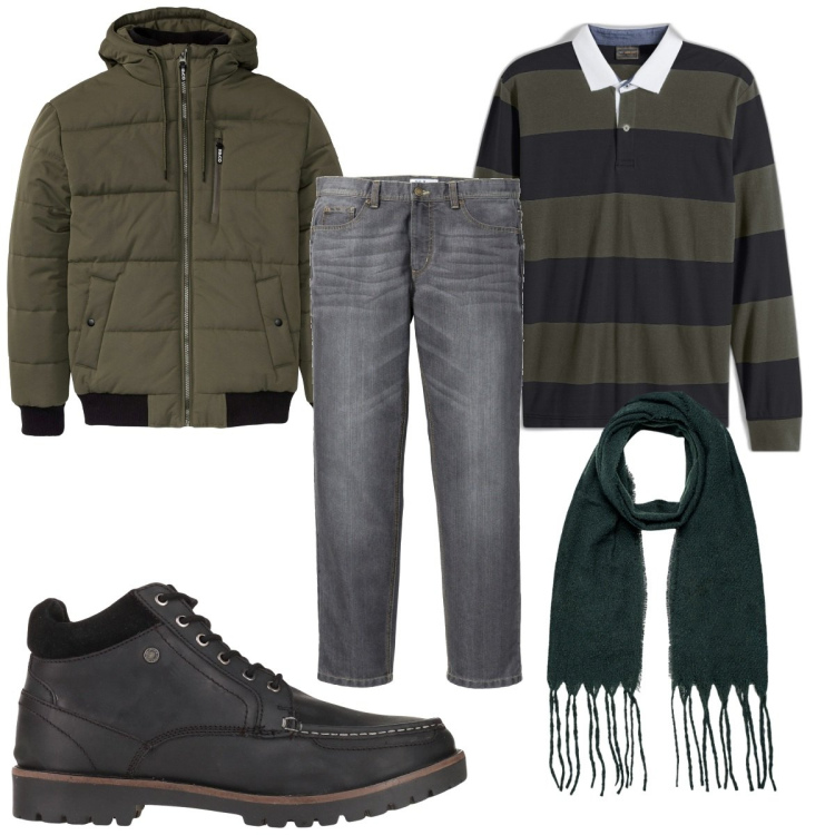 Outfit uomo - Total look #1808223. Stile Casual per Tutti i giorni. Abbinamento con jeans dritti, cappotti, polo, stivali e stivaletti, sciarpe.