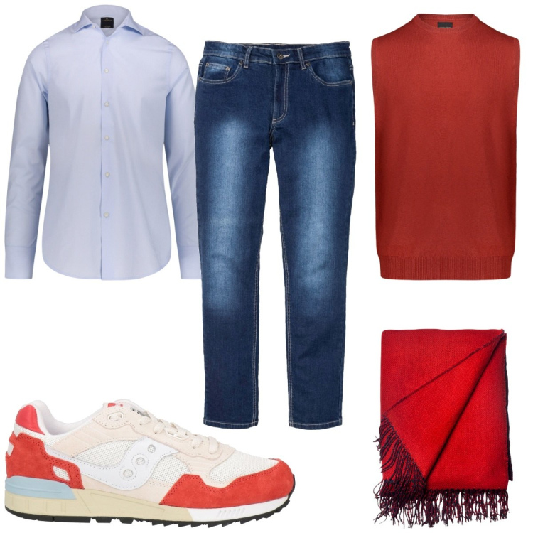 Outfit uomo - Total look #1808227. Stile Casual per Tutti i giorni. Abbinamento con jeans slim fit, sneakers, gilet, camicie, sciarpe.